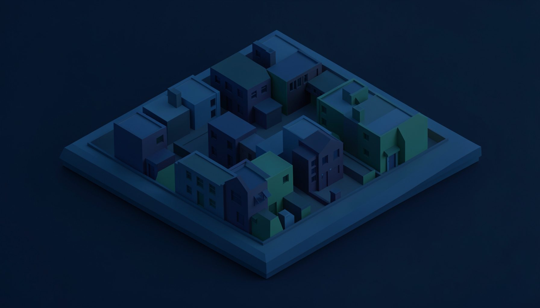 Isometric 3D render of a stylized city block at dusk, deep navy and teal tones with soft ambient light, flat geometric shapes in muted blue and green hues, calm and modern atmosphere.
